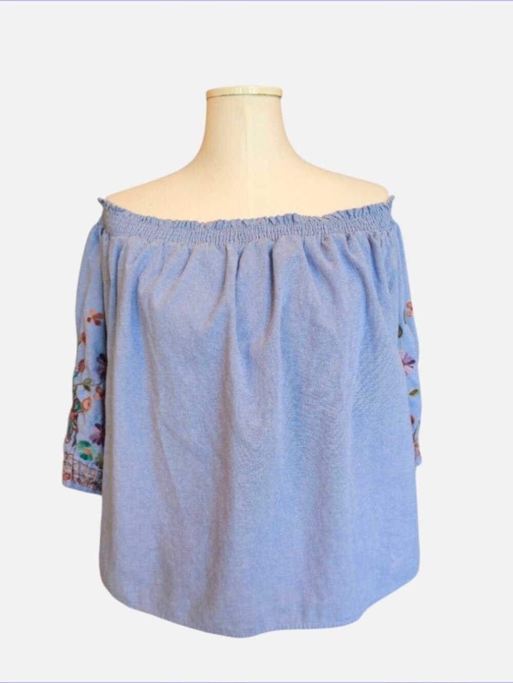 Q&A chambray embroidered sleeve off shoulder top bohemian peasant size XL